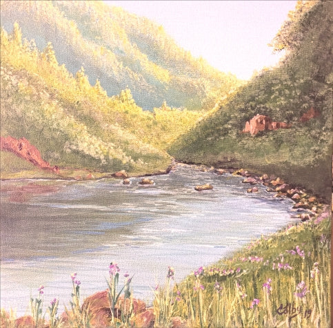 Morning Light: In the morning depiction, soft pastels and gentle blues dominate the canvas, reflecting the tranquil beginnings of a new day. The river sparkles with the first light of dawn, and the mountains are bathed in a delicate, rosy hue, symbolizing peace and renewal.